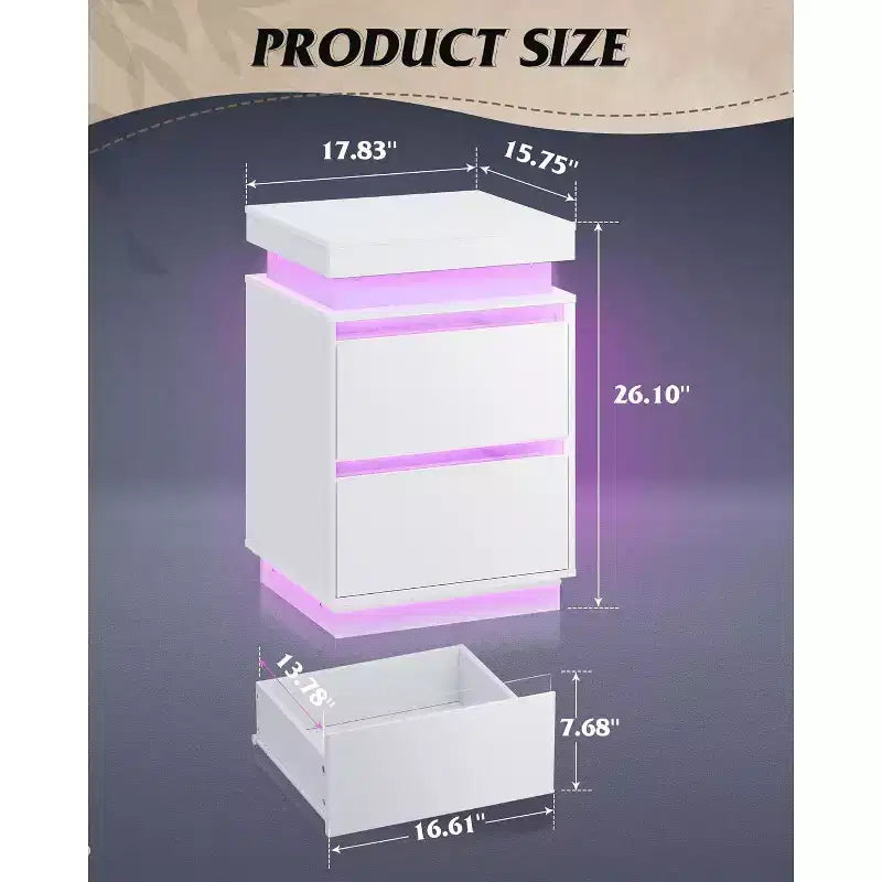 LED Light Nightstand with Charging Station - 2 Wooden Drawers & Sliding Top, Modern Bedside End Table for Bedroom, Living Room