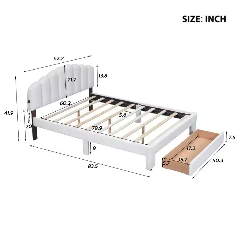 Upholstered Platform Bed, Teddy Fleece Wood Bed Frame with Drawer and USB Ports, for Bedroom, Easy Assembly, White
