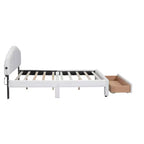 Upholstered Platform Bed, Teddy Fleece Wood Bed Frame with Drawer and USB Ports, for Bedroom, Easy Assembly, White