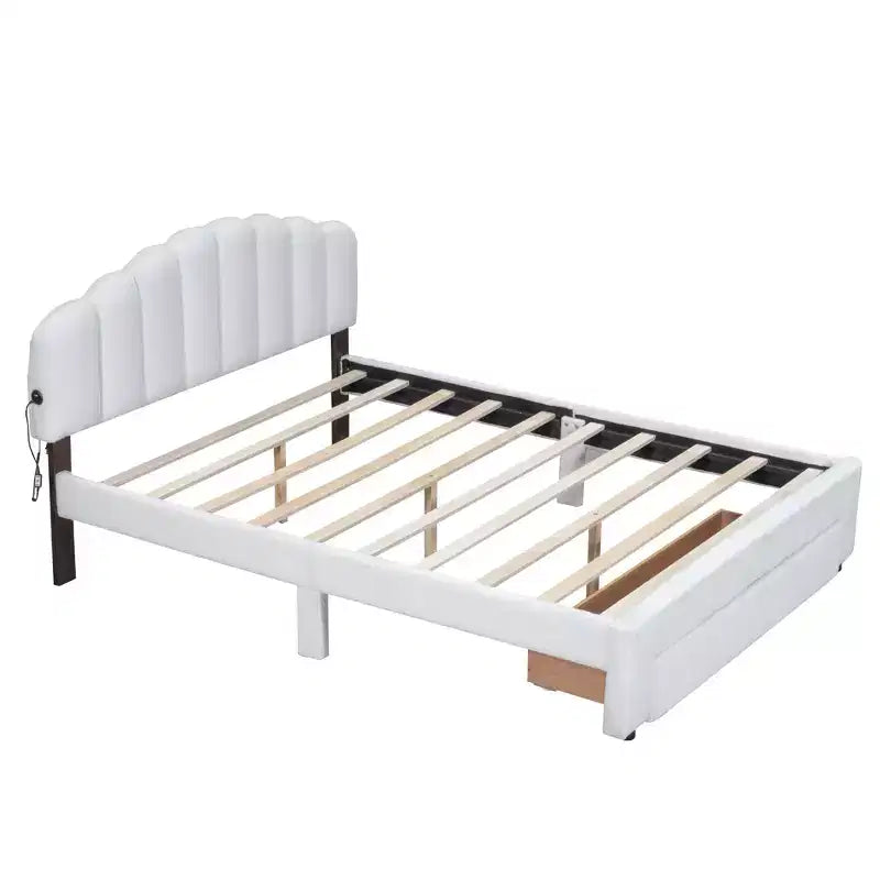 Upholstered Platform Bed, Teddy Fleece Wood Bed Frame with Drawer and USB Ports, for Bedroom, Easy Assembly, White