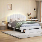 Upholstered Platform Bed, Teddy Fleece Wood Bed Frame with Drawer and USB Ports, for Bedroom, Easy Assembly, White