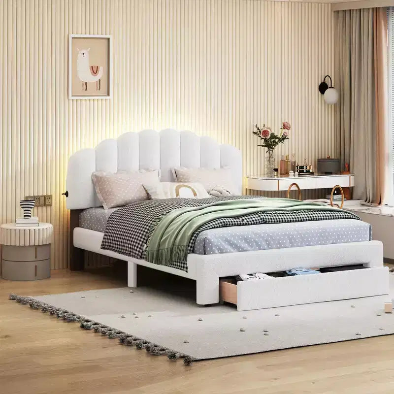 Upholstered Platform Bed, Teddy Fleece Wood Bed Frame with Drawer and USB Ports, for Bedroom, Easy Assembly, White