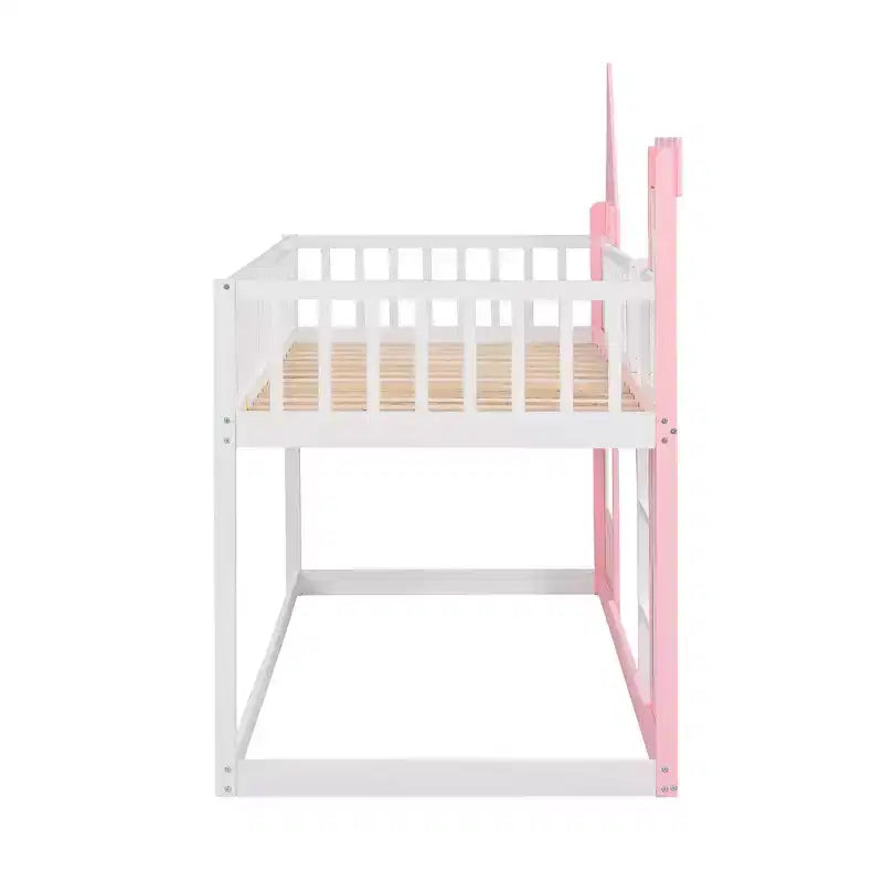 Twin over Twin Castle Bunk Bed with Ladder, Solid Pine Wood Floor House Princess Bunk Bed, Pink