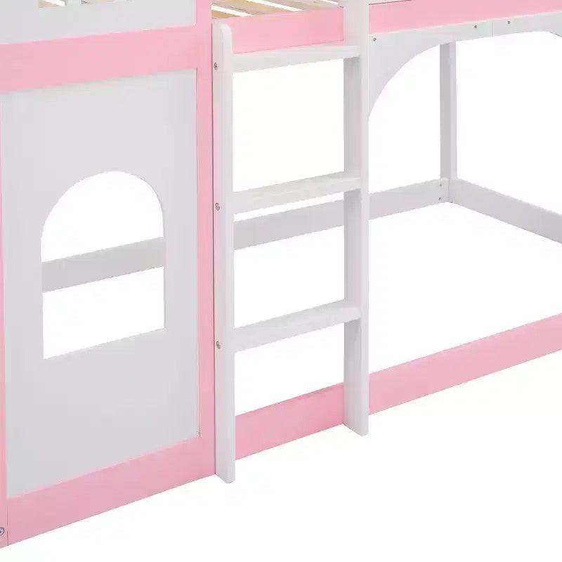 Twin over Twin Castle Bunk Bed with Ladder, Solid Pine Wood Floor House Princess Bunk Bed, Pink