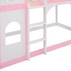 Twin over Twin Castle Bunk Bed with Ladder, Solid Pine Wood Floor House Princess Bunk Bed, Pink