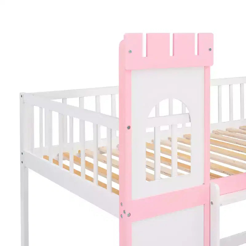 Twin over Twin Castle Bunk Bed with Ladder, Solid Pine Wood Floor House Princess Bunk Bed, Pink