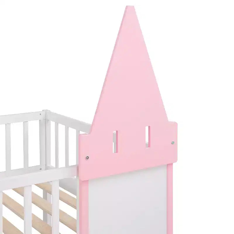Twin over Twin Castle Bunk Bed with Ladder, Solid Pine Wood Floor House Princess Bunk Bed, Pink