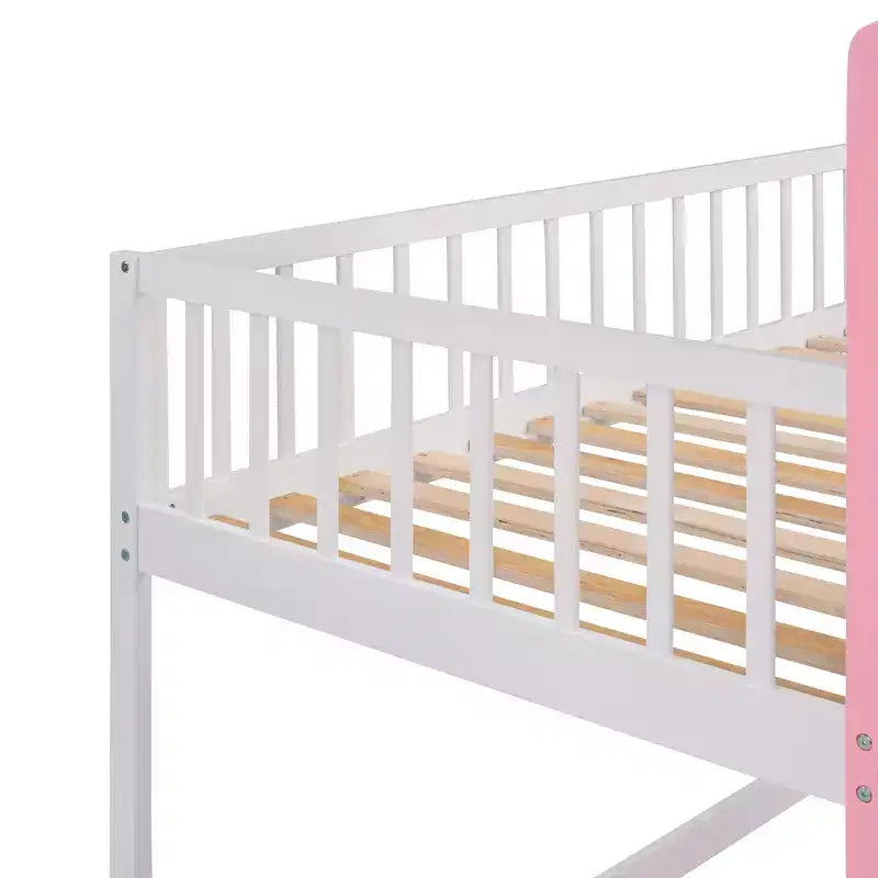 Twin over Twin Castle Bunk Bed with Ladder, Solid Pine Wood Floor House Princess Bunk Bed, Pink