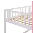 Twin over Twin Castle Bunk Bed with Ladder, Solid Pine Wood Floor House Princess Bunk Bed, Pink
