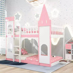 Twin over Twin Castle Bunk Bed with Ladder, Solid Pine Wood Floor House Princess Bunk Bed, Pink