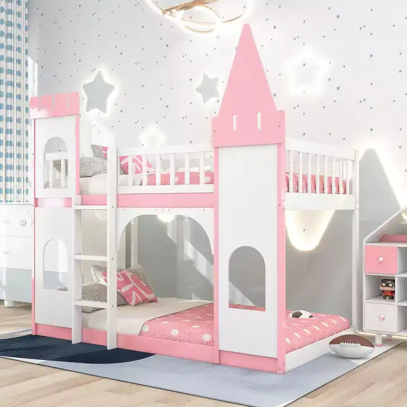 Twin over Twin Castle Bunk Bed with Ladder, Solid Pine Wood Floor House Princess Bunk Bed, Pink