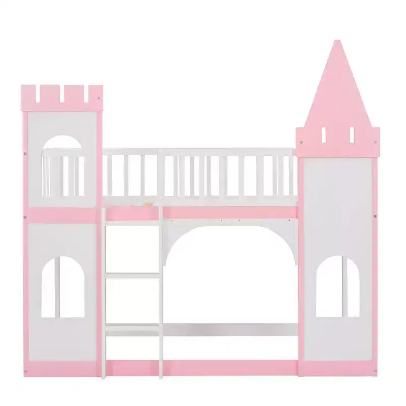 Twin over Twin Castle Bunk Bed with Ladder, Solid Pine Wood Floor House Princess Bunk Bed, Pink
