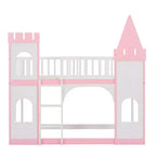 Twin over Twin Castle Bunk Bed with Ladder, Solid Pine Wood Floor House Princess Bunk Bed, Pink