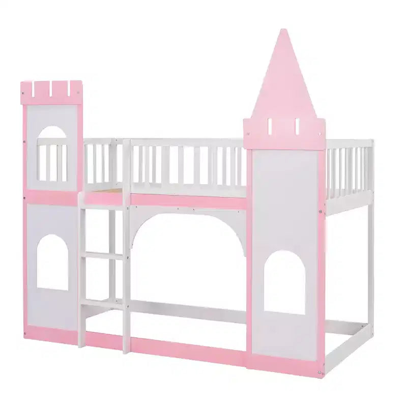 Twin over Twin Castle Bunk Bed with Ladder, Solid Pine Wood Floor House Princess Bunk Bed, Pink