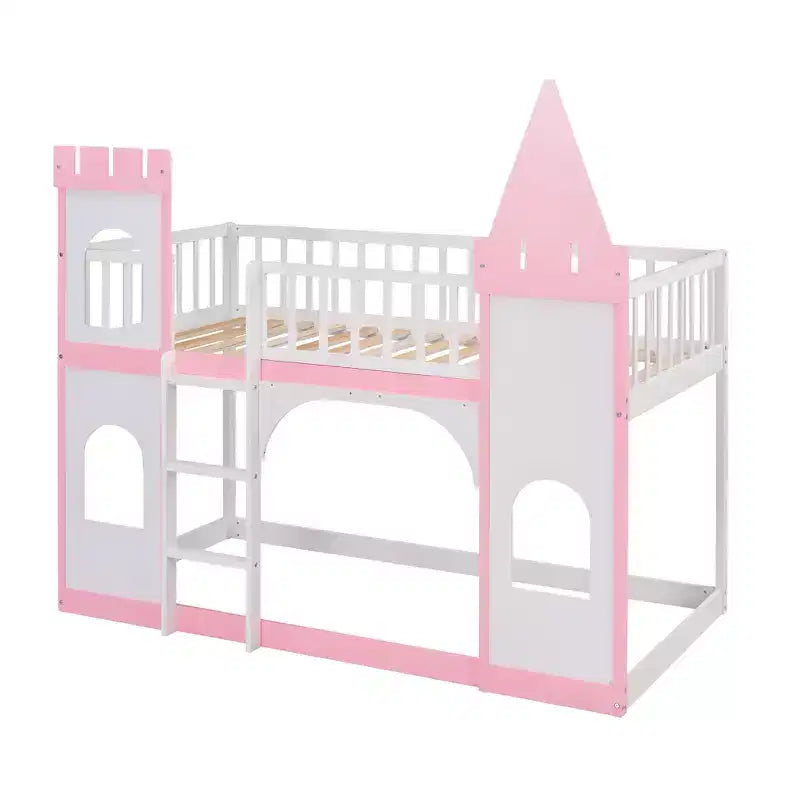 Twin over Twin Castle Bunk Bed with Ladder, Solid Pine Wood Floor House Princess Bunk Bed, Pink