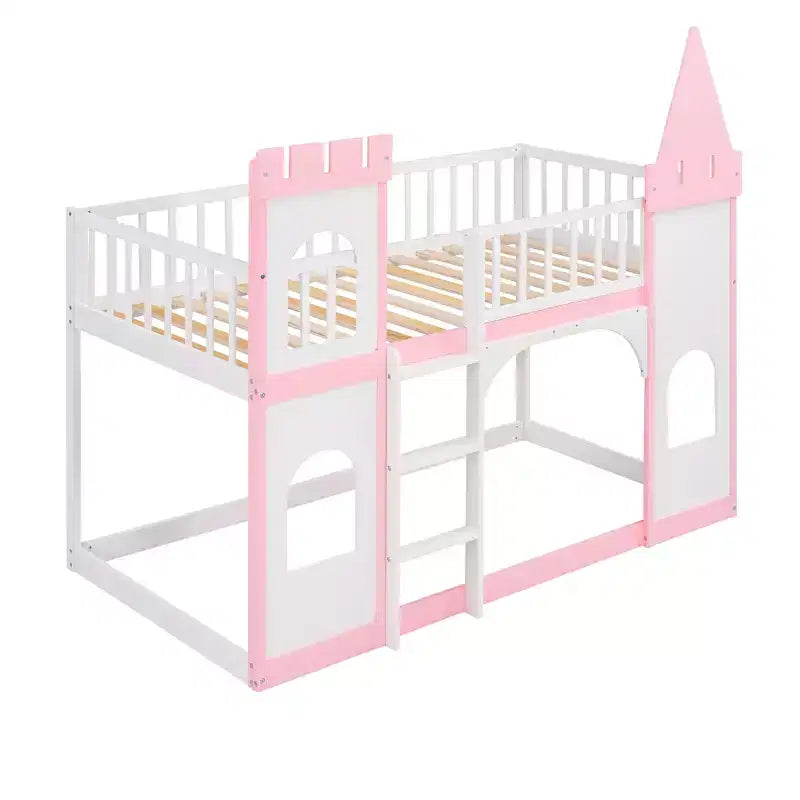 Twin over Twin Castle Bunk Bed with Ladder, Solid Pine Wood Floor House Princess Bunk Bed, Pink