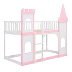 Twin over Twin Castle Bunk Bed with Ladder, Solid Pine Wood Floor House Princess Bunk Bed, Pink