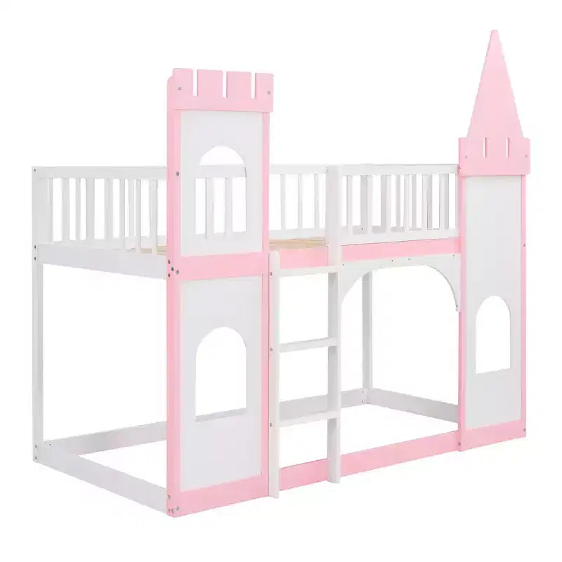Twin over Twin Castle Bunk Bed with Ladder, Solid Pine Wood Floor House Princess Bunk Bed, Pink
