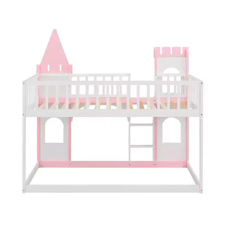 Twin over Twin Castle Bunk Bed with Ladder, Solid Pine Wood Floor House Princess Bunk Bed, Pink