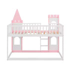Twin over Twin Castle Bunk Bed with Ladder, Solid Pine Wood Floor House Princess Bunk Bed, Pink