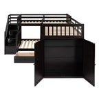 Twin-Twin over Full L-Shaped Bunk Bed with Wardrobe Space, Solid Wood Staircase Bunk Bed with Portable Desk