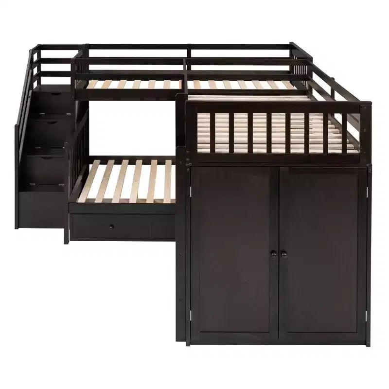Twin-Twin over Full L-Shaped Bunk Bed with Wardrobe Space, Solid Wood Staircase Bunk Bed with Portable Desk