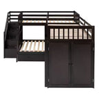 Twin-Twin over Full L-Shaped Bunk Bed with Wardrobe Space, Solid Wood Staircase Bunk Bed with Portable Desk