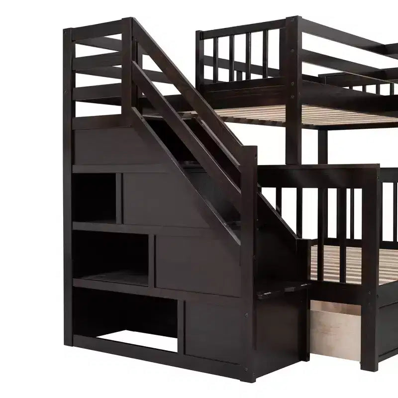 Twin-Twin over Full L-Shaped Bunk Bed with Wardrobe Space, Solid Wood Staircase Bunk Bed with Portable Desk