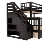Twin-Twin over Full L-Shaped Bunk Bed with Wardrobe Space, Solid Wood Staircase Bunk Bed with Portable Desk