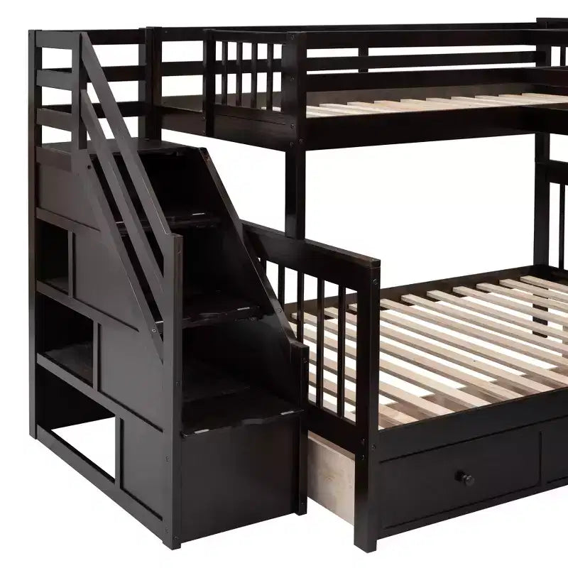 Twin-Twin over Full L-Shaped Bunk Bed with Wardrobe Space, Solid Wood Staircase Bunk Bed with Portable Desk