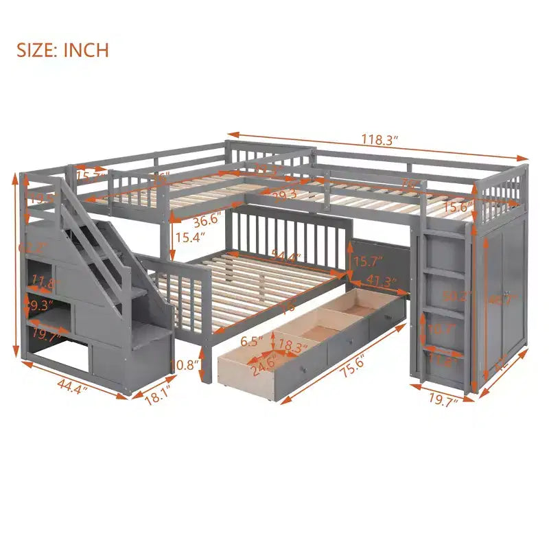 Twin-Twin over Full L-Shaped Bunk Bed with Wardrobe Space, Solid Wood Staircase Bunk Bed with Portable Desk
