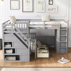 Twin-Twin over Full L-Shaped Bunk Bed with Wardrobe Space, Solid Wood Staircase Bunk Bed with Portable Desk
