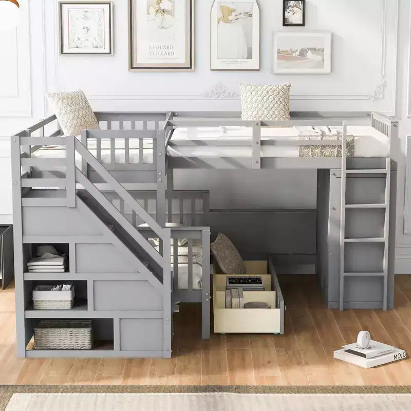 Twin-Twin over Full L-Shaped Bunk Bed with Wardrobe Space, Solid Wood Staircase Bunk Bed with Portable Desk