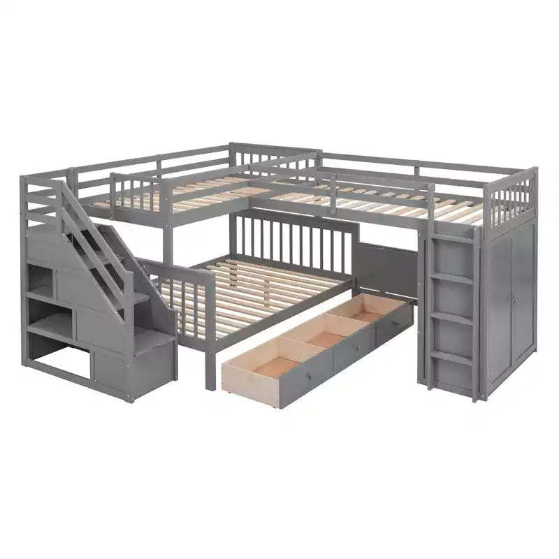 Twin-Twin over Full L-Shaped Bunk Bed with Wardrobe Space, Solid Wood Staircase Bunk Bed with Portable Desk