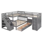 Twin-Twin over Full L-Shaped Bunk Bed with Wardrobe Space, Solid Wood Staircase Bunk Bed with Portable Desk