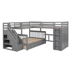 Twin-Twin over Full L-Shaped Bunk Bed with Wardrobe Space, Solid Wood Staircase Bunk Bed with Portable Desk