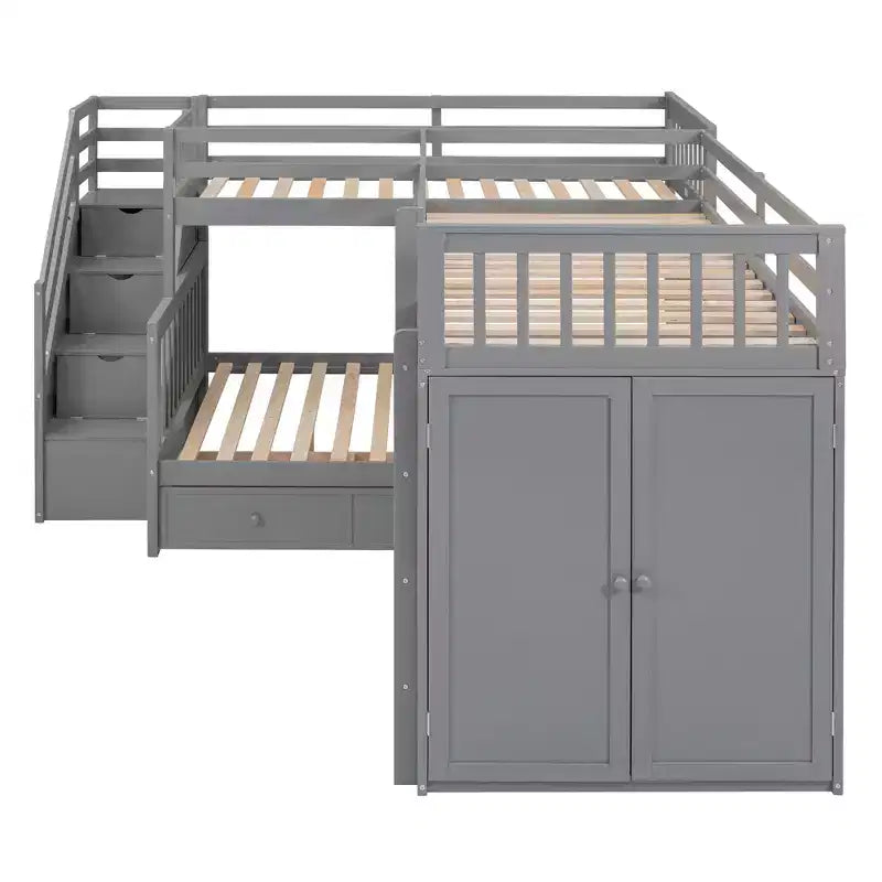 Twin-Twin over Full L-Shaped Bunk Bed with Wardrobe Space, Solid Wood Staircase Bunk Bed with Portable Desk