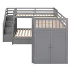 Twin-Twin over Full L-Shaped Bunk Bed with Wardrobe Space, Solid Wood Staircase Bunk Bed with Portable Desk