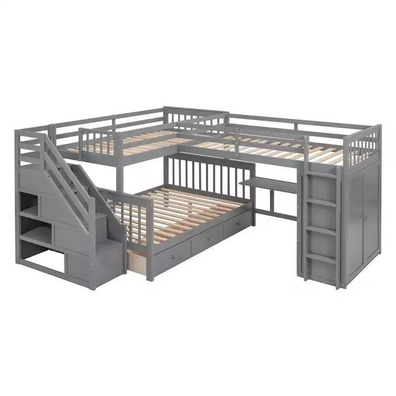 Twin-Twin over Full L-Shaped Bunk Bed with Wardrobe Space, Solid Wood Staircase Bunk Bed with Portable Desk