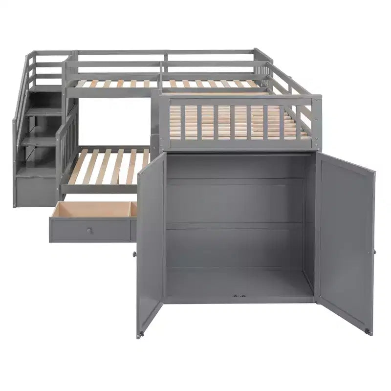 Twin-Twin over Full L-Shaped Bunk Bed with Wardrobe Space, Solid Wood Staircase Bunk Bed with Portable Desk
