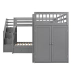Twin-Twin over Full L-Shaped Bunk Bed with Wardrobe Space, Solid Wood Staircase Bunk Bed with Portable Desk