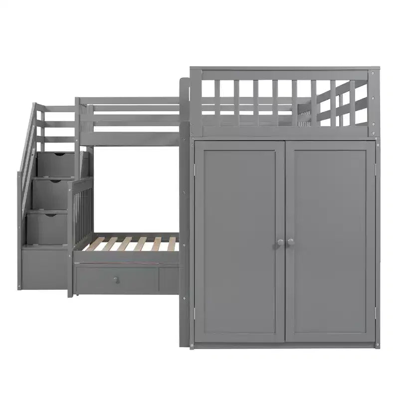Twin-Twin over Full L-Shaped Bunk Bed with Wardrobe Space, Solid Wood Staircase Bunk Bed with Portable Desk