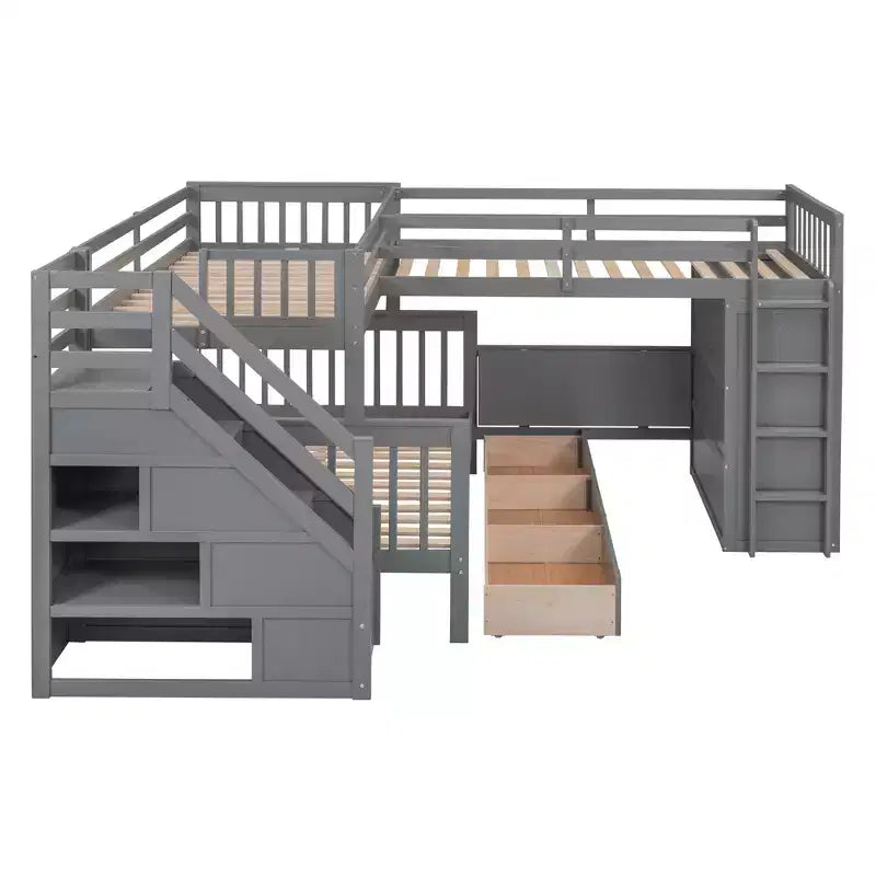 Twin-Twin over Full L-Shaped Bunk Bed with Wardrobe Space, Solid Wood Staircase Bunk Bed with Portable Desk
