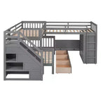 Twin-Twin over Full L-Shaped Bunk Bed with Wardrobe Space, Solid Wood Staircase Bunk Bed with Portable Desk