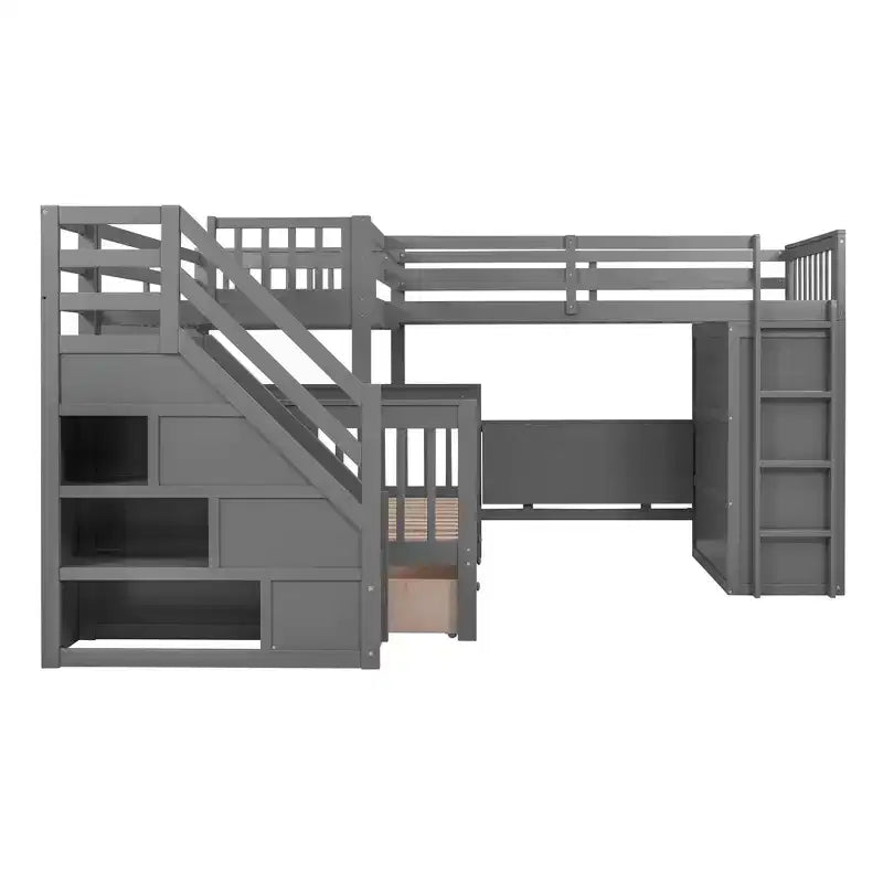 Twin-Twin over Full L-Shaped Bunk Bed with Wardrobe Space, Solid Wood Staircase Bunk Bed with Portable Desk