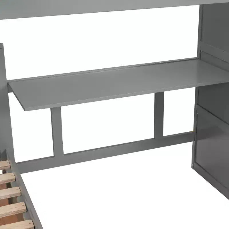 Twin-Twin over Full L-Shaped Bunk Bed with Wardrobe Space, Solid Wood Staircase Bunk Bed with Portable Desk