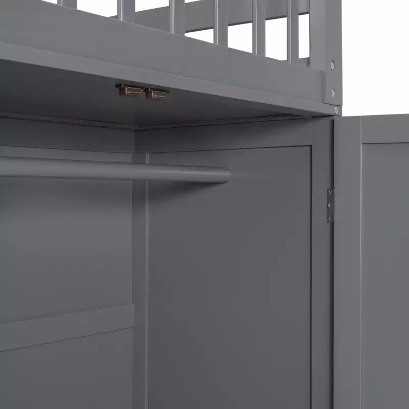 Twin-Twin over Full L-Shaped Bunk Bed with Wardrobe Space, Solid Wood Staircase Bunk Bed with Portable Desk