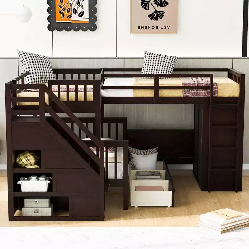 Twin-Twin over Full L-Shaped Bunk Bed with Wardrobe Space, Solid Wood Staircase Bunk Bed with Portable Desk