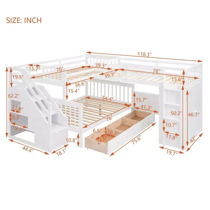 Twin-Twin over Full L-Shaped Bunk Bed with Wardrobe Space, Solid Wood Staircase Bunk Bed with Portable Desk
