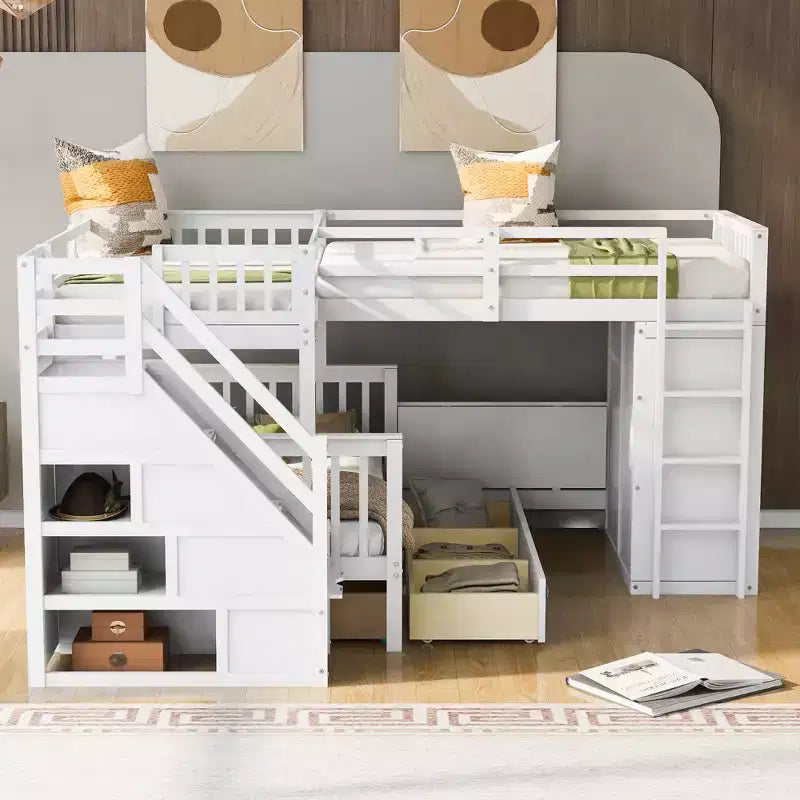 Twin-Twin over Full L-Shaped Bunk Bed with Wardrobe Space, Solid Wood Staircase Bunk Bed with Portable Desk